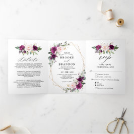 ネイビーホワイトアイボリー幾何学三重ウェディング招待 三つ折りプログラム