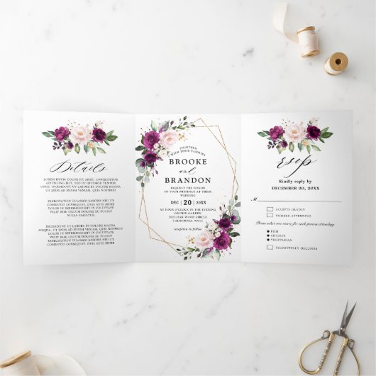 ネイビーホワイトアイボリー幾何学三重ウェディング招待 三つ折りプログラム (内部)