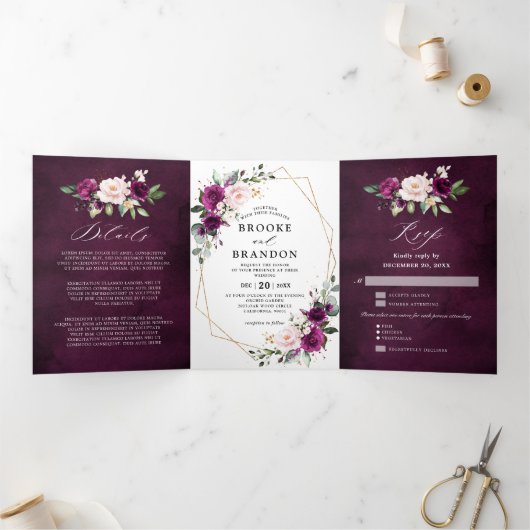 ネイビーホワイトアイボリー幾何学三重ウェディング招待 三つ折りプログラム (内部)