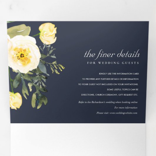 ネイビーホワイトイエロー牡丹フローラ水色結婚の 三つ折り招待状 (内部最初)