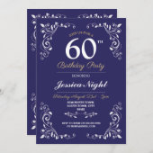 ネイビーホワイトエレガント誕生日ウィメンズクラス60th 招待状 (正面/裏面)
