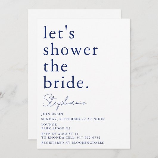 ネイビーホワイトシンプルブライダルシャワー 招待状 (正面/裏面)