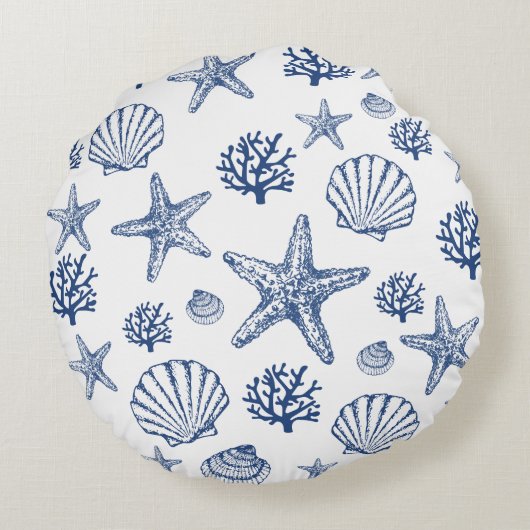 ネイビーホワイトシーシェルパターンコーストデザイン ラウンドクッション (裏面)