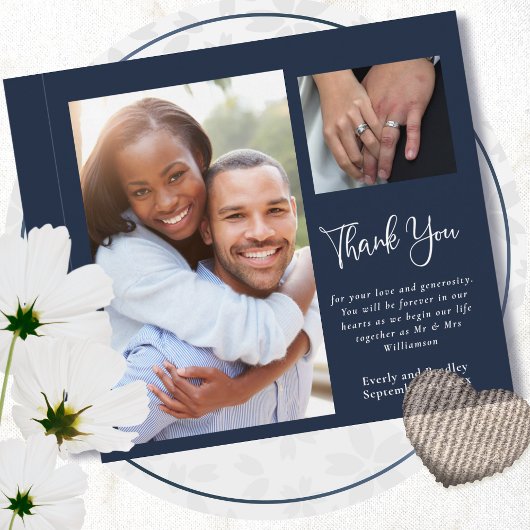 ネイビーホワイトスクリプト結婚写真のサンキューカード 招待状