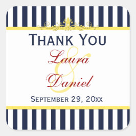 ネイビーホワイトストライプイエロー結婚ズのステッカー スクエアシール