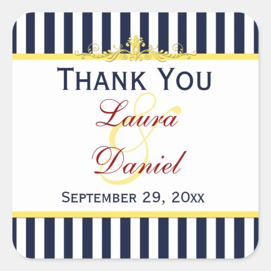 ネイビーホワイトストライプイエロー結婚ズのステッカー スクエアシール (正面)