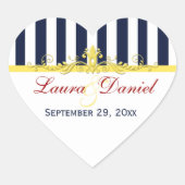 ネイビーホワイトストライプイエロー結婚ズのステッカー ハートシール (正面)