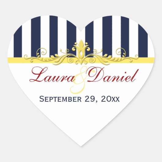 ネイビーホワイトストライプイエロー結婚ズのステッカー ハートシール (正面)
