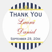 ネイビーホワイトストライプイエロー結婚ズのステッカー ラウンドシール (正面)