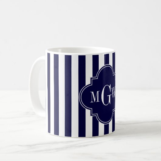 ネイビーホワイトストライプクローバーネイビーブルー3モノグラム コーヒーマグカップ (正面左)