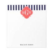 ネイビーホワイトストライプコーラルレッドクローバー3モノグラム ノートパッド (正面)