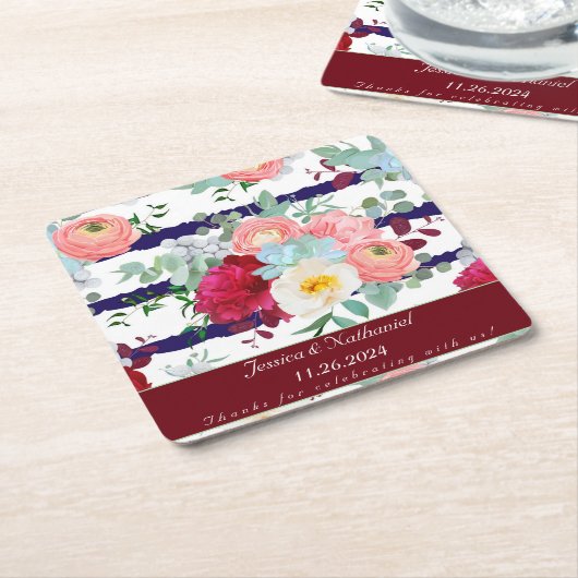 ネイビーホワイトストライプスタイル混合ブーケをパーソナライズ スクエアペーパーコースター (アングル)