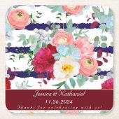 ネイビーホワイトストライプスタイル混合ブーケをパーソナライズ スクエアペーパーコースター (正面)