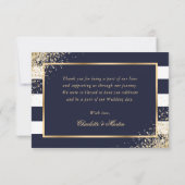 ネイビーホワイトストライプ金ゴールド赤面ピンク結婚フローラ サンキューカード (裏面)