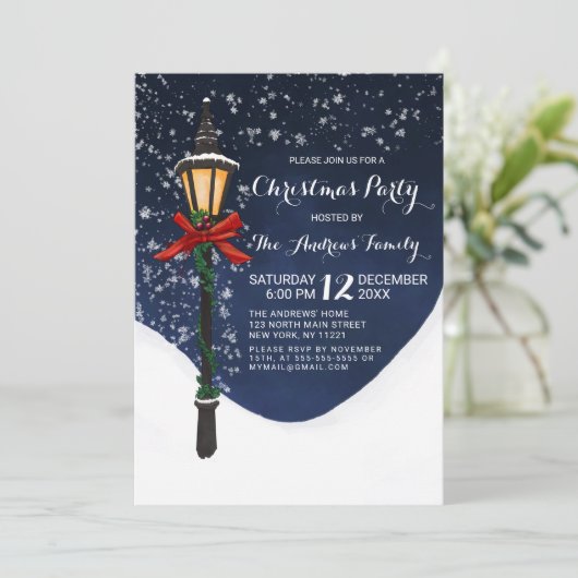 ネイビーホワイトスノーランプポストガーランドボウクリスマス 招待状 (スタンド正面)