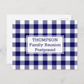 ネイビーホワイトバッファローチェック延期された家族懇親会 案内ポストカード (正面/裏面)