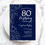 ネイビーホワイトフローラ80thバースデーパーティー 招待状<br><div class="desc">ネイビーホワイトフローラ80th Birthday Party Invitation.ボタニカルモダンアウトラインスケッチのアクセントとタイポグラフィスクリプトフォントを特徴とするミニマルデザイン。トレンディーシンプル招待状カードは女性の日スタイリッシュお祝いに最適。任意のカスタマイズ年齢にすることができる。印刷されたZazzle招待状または即時ダウンロードのデジタル印刷可能なテンプレート。</div>