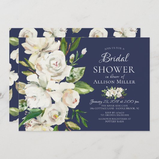 ネイビーホワイトローズフローラブライダルシャワー招待状 招待状 (正面/裏面)