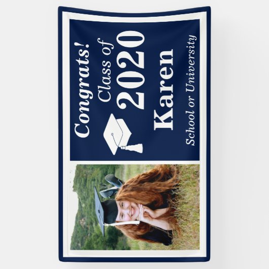 ネイビーホワイトワンフォトクラス2024年卒業 横断幕 (縦)