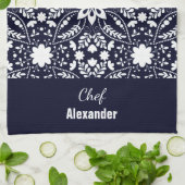 ネイビーホワイト北欧フォークフローラルパターン キッチンタオル (折り畳み)