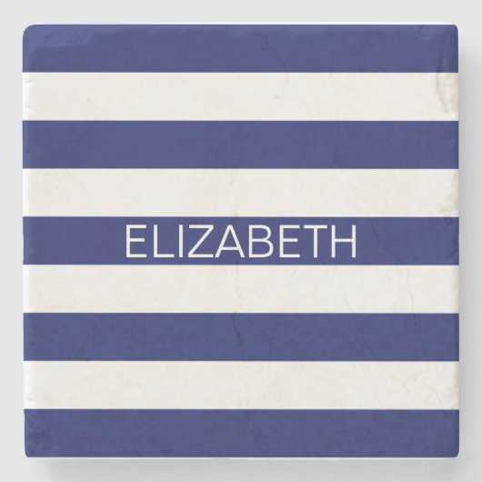 ネイビーホワイト横名門私立校風の線ストライプ名モノグラム ストーンコースター (正面)
