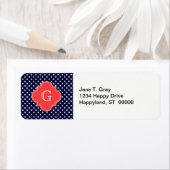 ネイビーホワイト水玉模様コーラルクローバーモノグラム ラベル (インサイチュ)