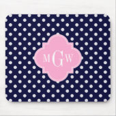 ネイビーホワイト水玉模様ピンククローバー3モノグラム マウスパッド (正面)