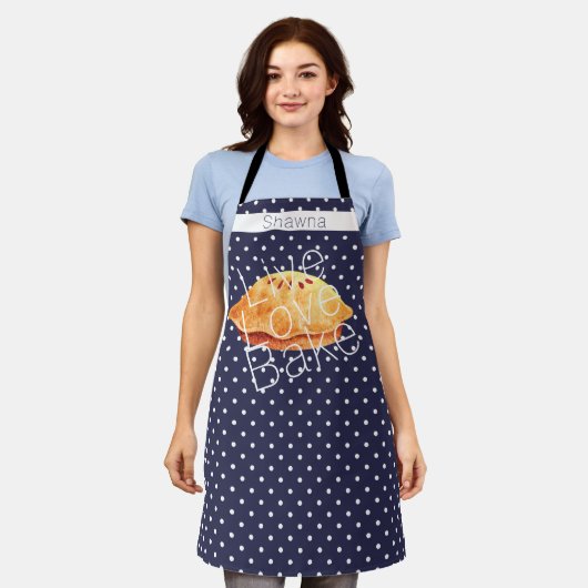 ネイビーホワイト水玉模様ライブラブベークパーソナライズされた エプロン (着用した状態)