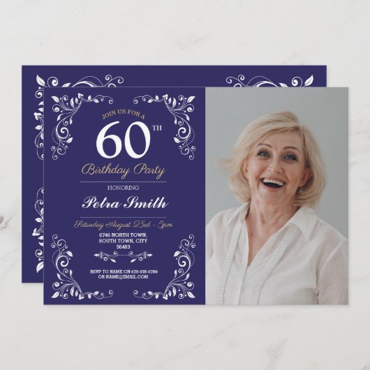 ネイビーホワイト誕生日ウィメンズクラス60th写真 招待状 (正面/裏面)