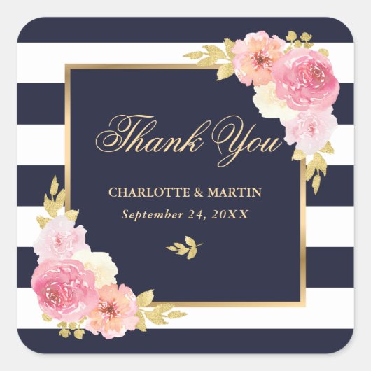 ネイビーホワイト金ゴールドピンクフローラ結婚ズサンキュー スクエアシール (正面)