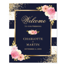 ネイビーホワイト金ゴールドピンク結婚フローラのウェルカムサイン