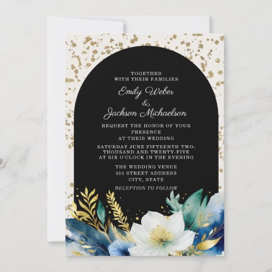 ネイビーホワイト金ゴールドフローラアーチグリッター結婚ズ 招待状 (正面)