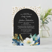 ネイビーホワイト金ゴールドフローラアーチグリッター結婚ズ 招待状 (スタンド正面)