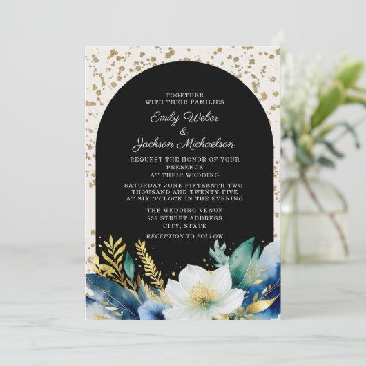 ネイビーホワイト金ゴールドフローラアーチグリッター結婚ズ 招待状 (スタンド正面)
