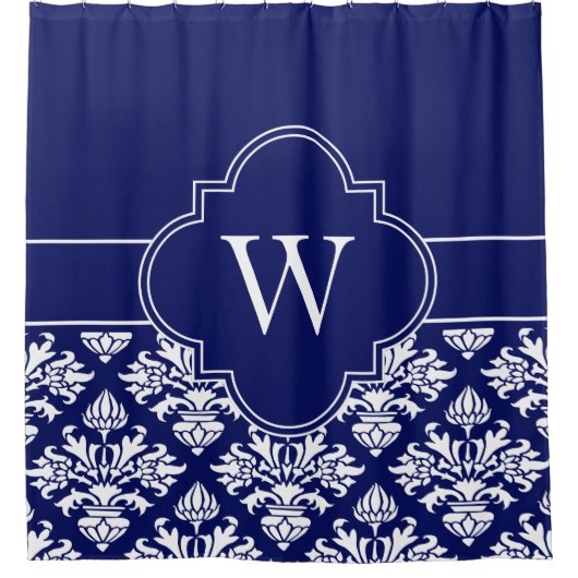 ネイビーホワイトLGダマスク#3 1ICBRネイビーモノグラム シャワーカーテン (正面)