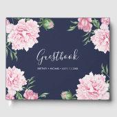 ネイビーボタニカルフローラピンク牡丹エレガントな結婚式 ゲストブック (正面)