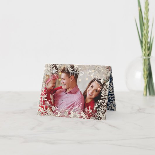 ネイビーボタニカルフローラ1写真アーチクリスマス シーズンカード (正面)