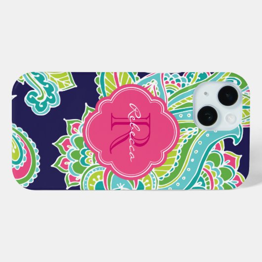 ネイビーボヘミアペイズリーカスタムモノグラム Case-Mate iPhoneケース (裏面 (横))