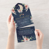 ネイビーボホブルゴーニュフローラスタームーンベイビーシャワー オールインワン招待状 (貼ってはがせる)