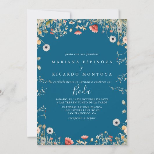 ネイビーボホワイルドフラワースペインの結婚ズ 招待状 (正面)
