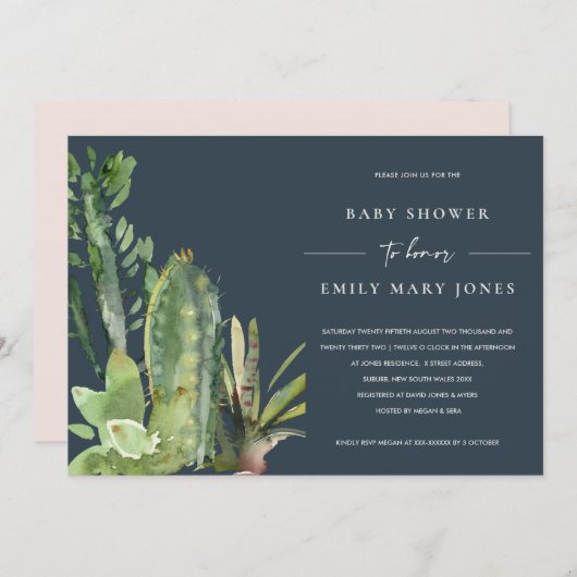 ネイビーボホ多肉砂漠のサボテン動物赤ちゃんシャワー 招待状 (正面/裏面)