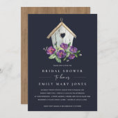 ネイビーボホ素朴フローラバードハウスブライダルシャワー 招待状 (正面/裏面)