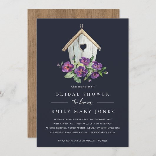 ネイビーボホ素朴フローラバードハウスブライダルシャワー 招待状 (正面/裏面)