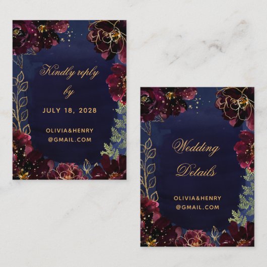 ネイビーボルドーオンラインRSVPと詳細マイティブシン 名刺 (正面/裏面)