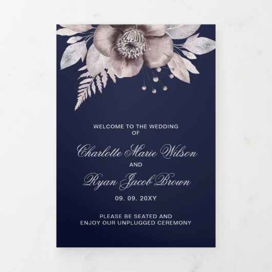 ネイビーマウヴ素朴フローラ写結婚真 三つ折りプログラム (カバー)