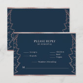 ネイビーマットバラ葉金ゴールドウェディングRSVPカード サンキューカード (正面/裏面)