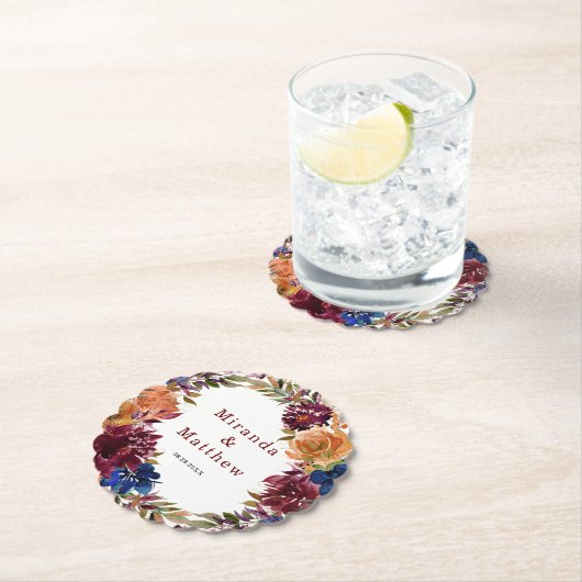 ネイビーマルサラオレンジフローラジオメトリック結婚ス ペーパーコースター (インサイチュ)