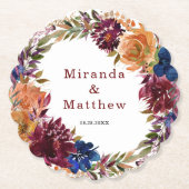 ネイビーマルサラオレンジフローラジオメトリック結婚ス ペーパーコースター (正面)