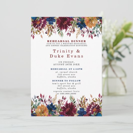 ネイビーマルサラオレンジフローラリハーサルディナー 招待状 (スタンド正面)