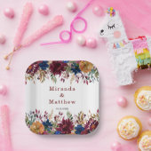 ネイビーマルサラオレンジ秋フローラ幾何学模様 ペーパープレート (パーティー)